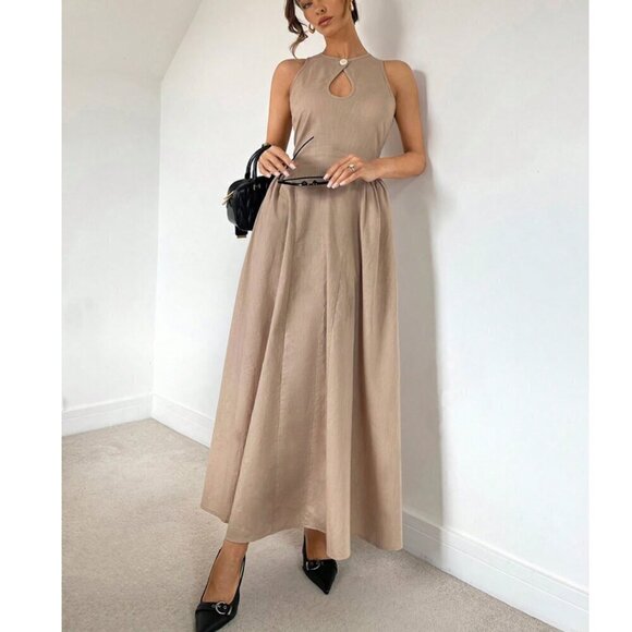 Hollow Front Cinched Waist A-Line Side Ruched Maxi Dress tan - Picture 7 of 7